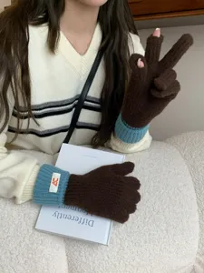 Korean style autumn winter color block knit gloves for women warm touch screen five-finger design