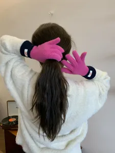 Women knit gloves color block warm winter five-finger gloves stylish pink blue cozy wear