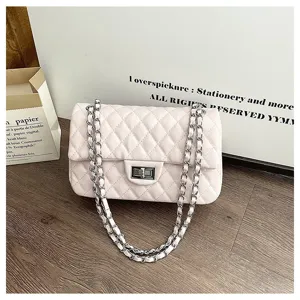 Elegant quilted chain shoulder bag for women, stylish crossbody bag with metal lock design.