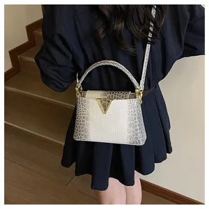 Women crocodile pattern shoulder bag gradient color stylish top handle handbag fashion purse