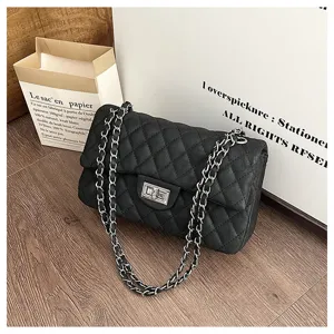 Black quilted chain shoulder bag for women, classic flap crossbody bag with metal strap.