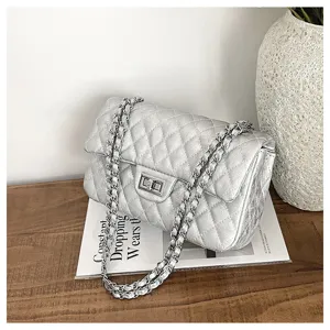 Silver quilted chain shoulder bag detail, metallic finish flap crossbody bag stylish accessory