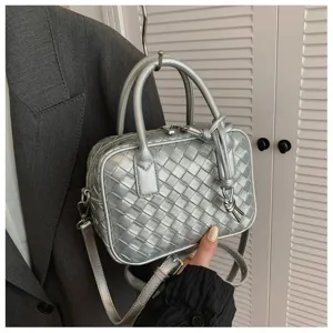 Fashion silver woven shoulder bag for women, stylish crossbody handbag, casual top handle.