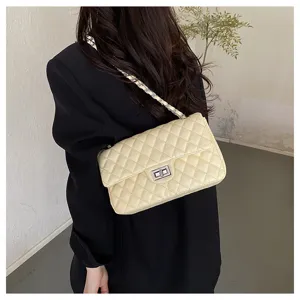 Quilted chain shoulder bag for women, elegant commuter crossbody bag with stylish metal lock.