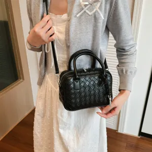 Black woven leather handbag stylish shoulder crossbody bag for women daily casual use