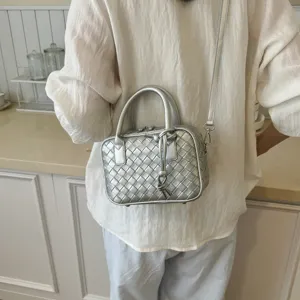 Silver woven leather crossbody bag stylish mini shoulder handbag for women spring fashion