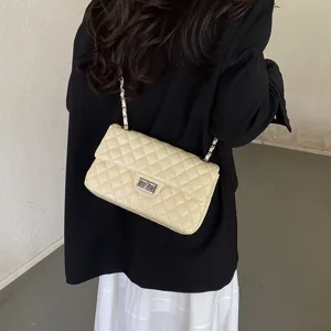 Women Quilted Leather Chain Shoulder Bag Beige Elegant Crossbody Bag Main View Display
