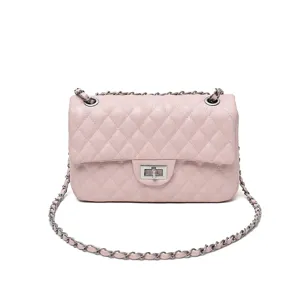 Pink quilted chain shoulder bag for women, chic casual crossbody bag with turn-lock.