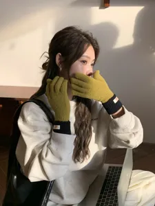 Korean fashion winter women color block knit gloves warm touch screen five finger gloves