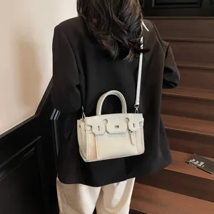 Stylish women crossbody bag, elegant contrast color PU leather top handle handbag.