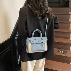 Retro color-blocked canvas spliced women handbag large capacity casual commuter shoulder bag