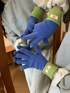 Women winter color block knitted gloves, touch screen warm five finger gloves detail view