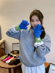 Color-block knit gloves detail, cozy winter touch screen warm five-finger gloves for women.