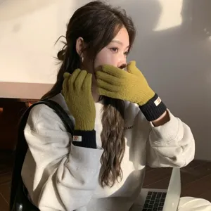 Women winter color block knit gloves touch screen warm stylish five finger gloves for cold days