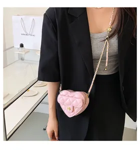Roze gewatteerde hartvormige crossbody tas mini handtas voor dames en kinderen ketting
