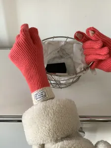 Coral red knit gloves with contrast white ribbed cuff, cute warm winter gloves for women daily wear.