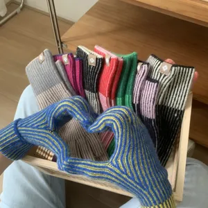 Korean style color block knitted fingerless gloves for women, autumn winter warm arm warmers.