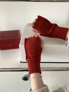 Guantes de punto rojos sin dedos para mujer, patrón de chevron, mitones cálidos de invierno.