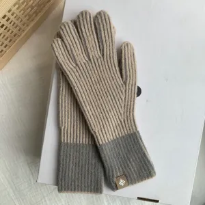 Knitted gloves for women winter warm two-tone ribbed cuff casual daily outdoor wear soft