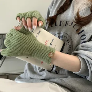 Guantes de punto sin dedos de color verde para otoño e invierno, cálidos para escribir.