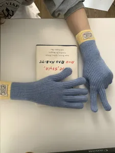 Stylish colorblock touchscreen knit gloves for women, warm winter five-finger gloves.