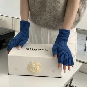 Guantes de punto sin dedos azules mujer otoño invierno pantalla táctil color sólido.