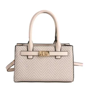 Elegant beige tweed top-handle handbag for women, featuring chic gold lock and shoulder strap.