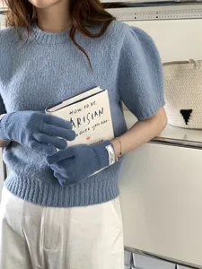 Guantes de invierno de punto táctiles para mujer, color sólido con etiqueta elegante.