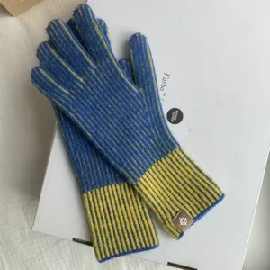 Blue and yellow striped knitted gloves for women, warm winter full finger gloves with ribbed cuff.