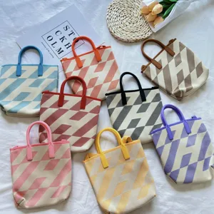 Damen Casual Polyester Gestrickte Tote Bag Geometrisches Karomuster Große Kapazität Schulter Umhängetasche Beuteltasche Für Alltag Streetwear