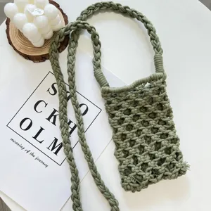 Grüne Baumwoll geflochtene Umhängetasche für Handy, stylische Handarbeit Sommer Mini Tasche.