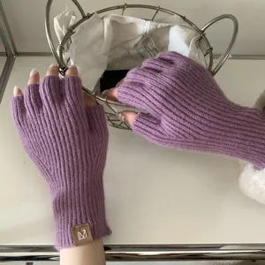Guantes de punto sin dedos de color sólido mujer invierno cálido escritura morado