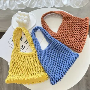 Borsa a mano a rete cava color caramella borsa shopper da spiaggia in corda di cotone