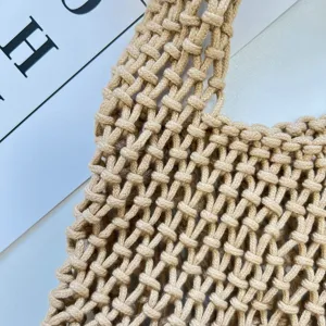 Borsa a mano in rete di corda di cotone beige elegante borsa da spiaggia lavorata