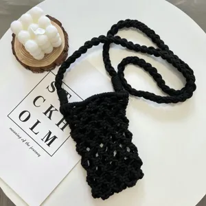 Schwarze Makramee Handytasche gehäkelte Umhängetasche Baumwolle stylisches Sommer Accessoire