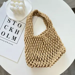 Borsa a mano in rete beige, borsa tote a maglia traforata per la spiaggia e l estate.