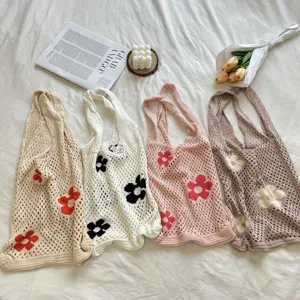 Knitted mesh floral tote bag, casual retro hollow-out shoulder bag, aesthetic large shopping bag.