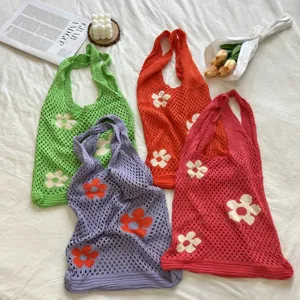 Korean vintage hollow knitted floral tote bag casual large capacity shoulder shopping bag