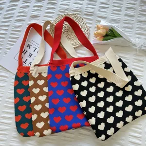 Sac cabas en tricot motif cœur sac à épaule mignon esthétique style étudiant chic