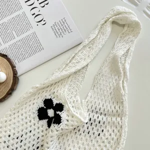 Korean minimalist vintage hollow knitted flower tote bag large capacity casual shoulder bag