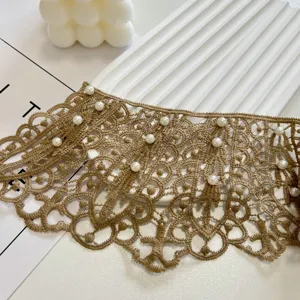 Elegant khaki lace false collar with white pearls, perfect for summer vintage daily wear.