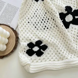 Close up view of white knit hollow flower tote bag detail, featuring soft mesh texture.