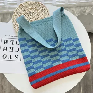 Sac cabas en tricot pour femme, sac à bandoulière à carreaux bleus, fourre-tout décontracté chic