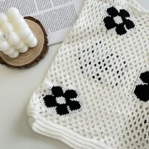 Korean style vintage hollow knit floral tote bag casual aesthetic shopping shoulder bag