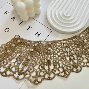 Brown lace false collar detail, elegant pearl decorated detachable collar for women outfits.