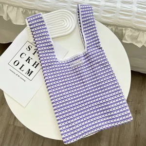 Sac gilet en tricot rayé violet et blanc, sac cabas décontracté d'étudiant pour usage quotidien.
