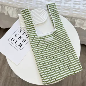 Sac cabas en tricot rayé vert et blanc esthétique évidé sac à main bandoulière décontracté