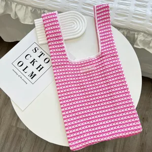 Sac cabas ajouré en tricot rayé rose et blanc, sac à main esthétique décontracté.
