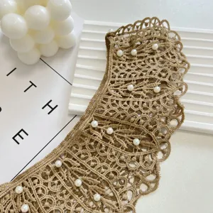 Crochet lace fake collar with white pearls, elegant vintage detachable doll collar shawl.