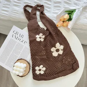 Brown crochet floral hollow shoulder bag, casual knitted tote bag for women daily shopping.